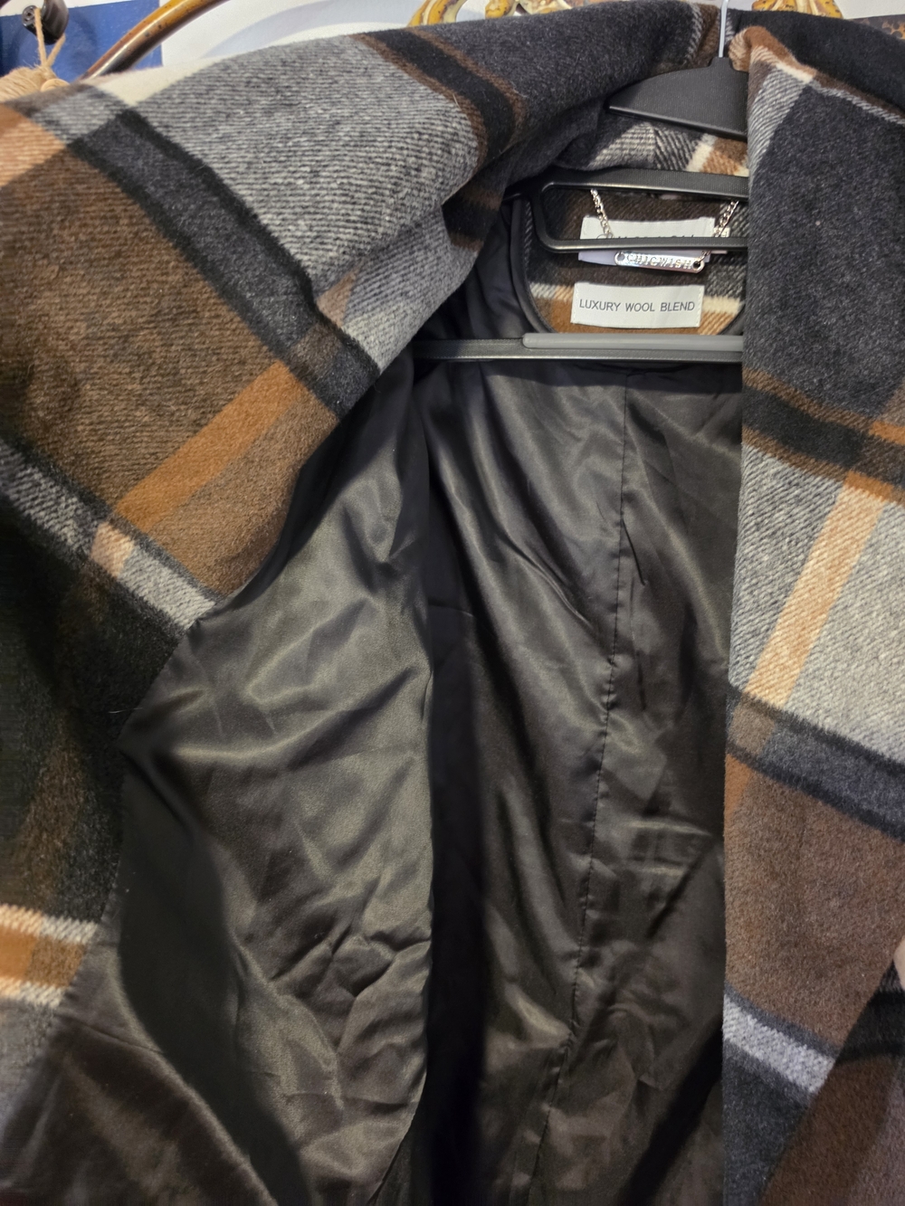 Chicwish Plaid Wool-Blend Pea Coat in Brown, Gray, Cream - Picture 4 of 9